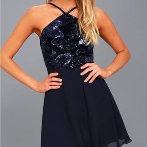Lulus Blue Sequin Halter Skater Dress